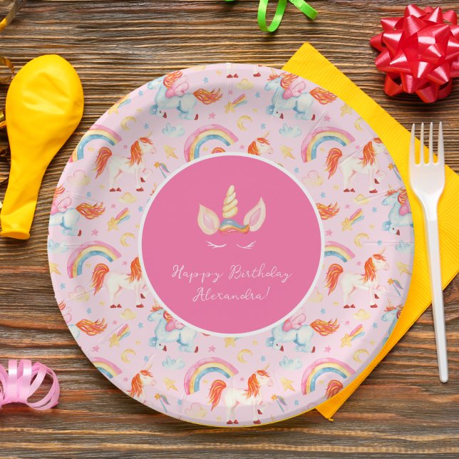 Little Girl Pink Unicorn Pattern Happy Birthday Paper Plate (Creator Uploaded)