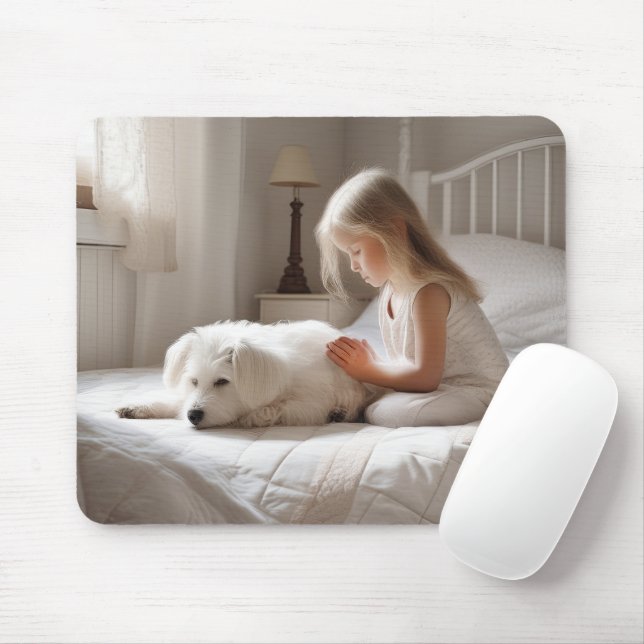 Little Girl Praying With Dog Mouse Pad (With Mouse)