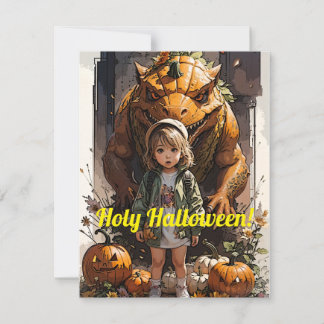 Little Girl Pumpkin Goblin Dinosaur Holiday Card