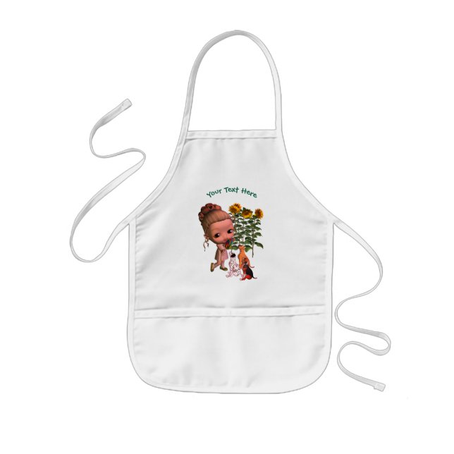 Little Girl Puppies And Flowers Personalised Kids Apron (Front)