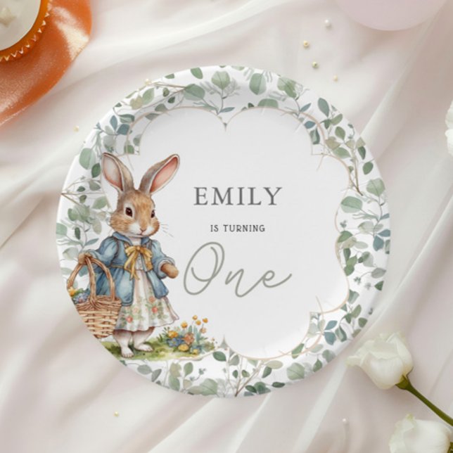 Little Girl Rabbit Greenery 1st Birthday Paper Plate (Creator Uploaded)