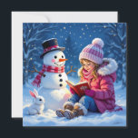 Little Girl Reading a Story to a Snowman Christmas Holiday Card<br><div class="desc">A cute personalised Christmas card. A cute little girl in a pink coat and winter hat reading a storybook to a snowman and bunny rabbit. A pretty watercolor ai illustration with a cool winter vibe. The back of the card has a custom message that you can edit.</div>
