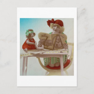 Little Girl Reading to Her Dollie - Vintage Card