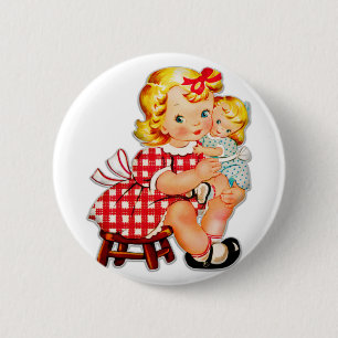 Little girl retro vintage doll child 6 cm round badge