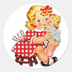 Little girl retro vintage doll child classic round sticker