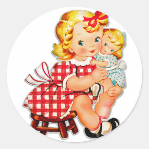 Little girl retro vintage doll child classic round sticker