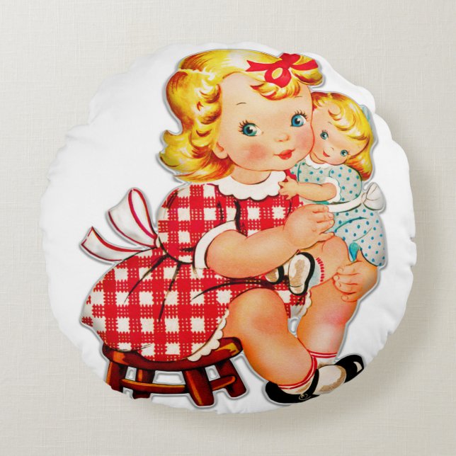 Little girl retro vintage doll child round cushion (Front)