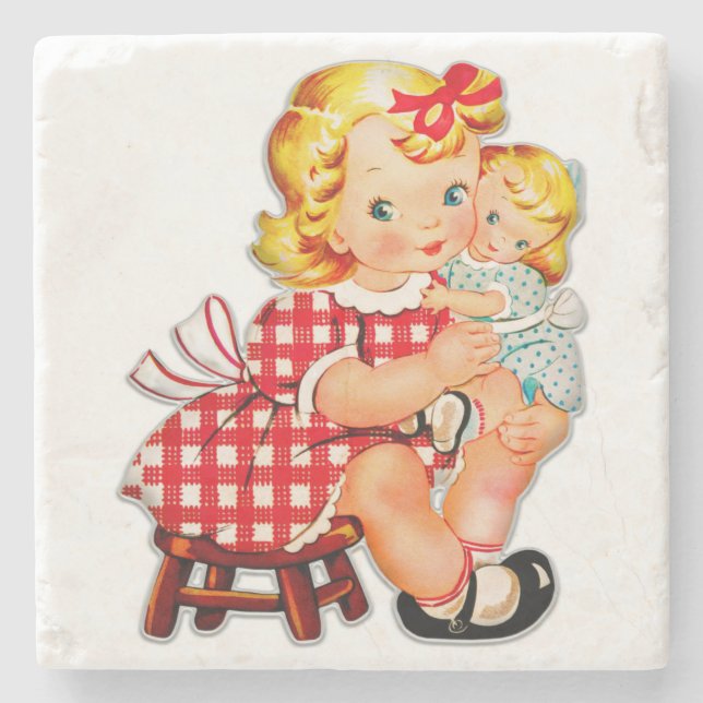 Little girl retro vintage doll child stone coaster (Front)