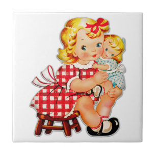 Little girl retro vintage doll child tile