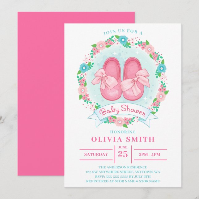 Little Girl Shoes Baby Shower With Bow And Flowers Invitation (Front/Back)