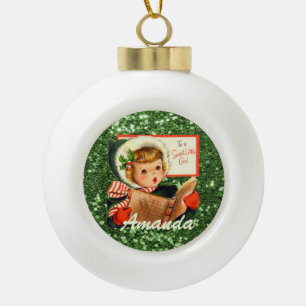 Little Girl Singing Carols Green Faux Glitter Ceramic Ball Christmas Ornament
