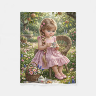 Little Girl Sitting In Garden With Flower Basket F Fleece Blanket