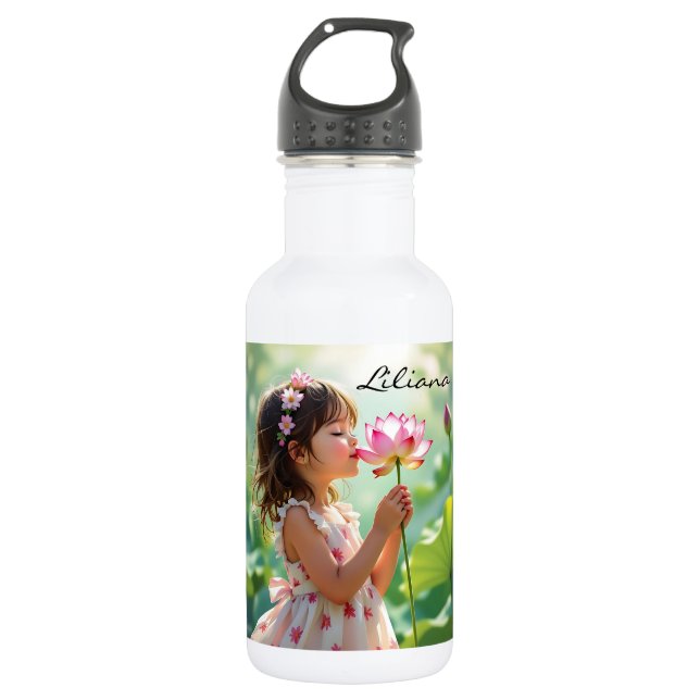 Little Girl Smelling a Pink Rose Personalised 532 Ml Water Bottle (Front)