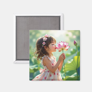 Little Girl Smelling a Pink Rose Personalised Magnet