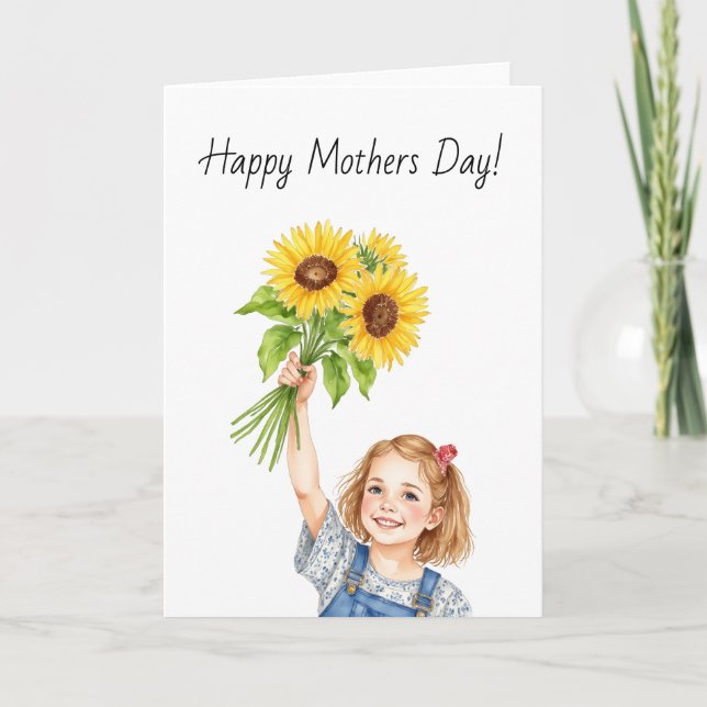 Little Girl Sunflower Watercolor Thank You Card (Front)