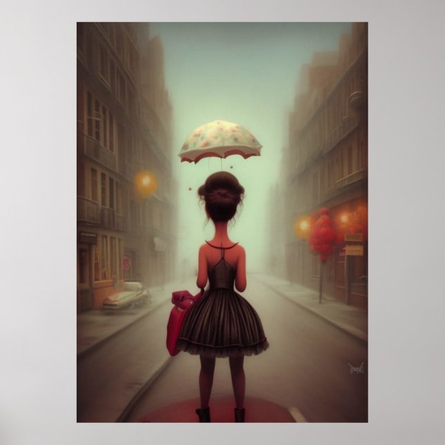Little girl walking home from school  umbrella poster (Front)