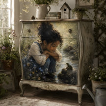 Little Girl Watching Frog by Creek