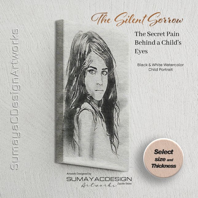 Little Girl Watercolor Portrait | Black & White Canvas Print (In Situation / on the wall)