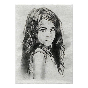 Little Girl Watercolor Portrait Black & White Photo Print