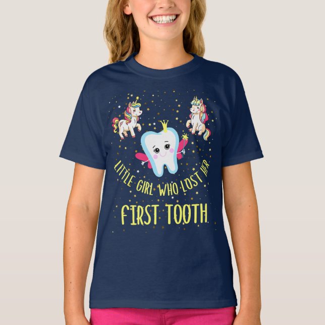 Little Girl Who Lost Her First Tooth. Funny Tooth  T-Shirt (Front)