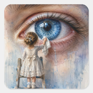 Little Girl Wiping a Tear Away Square Sticker