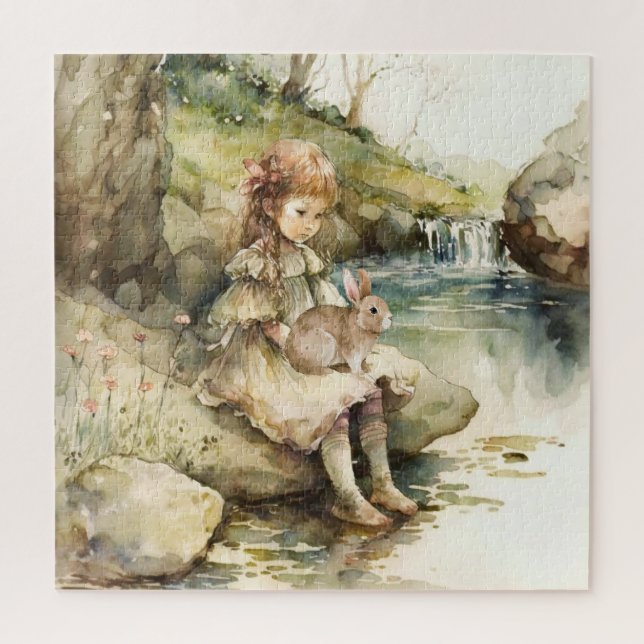 Little Girl With Bunny Rabbit Watercolor Painting Jigsaw Puzzle (Vertical)