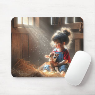 Little Girl With Calf In Sunbeams Mouse Pad