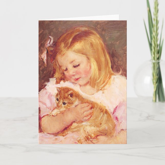 Little Girl with Cat Greeting Card (Front)