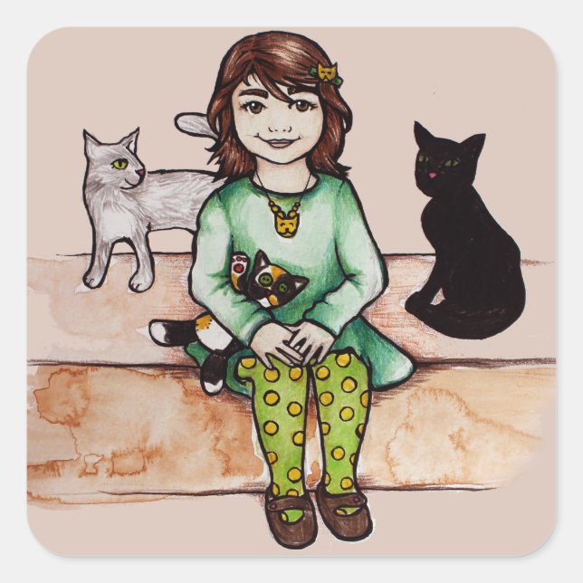 Little girl with cats square sticker (Front)