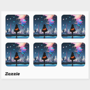 Little Girl With Colourful Butterflies Square Sticker