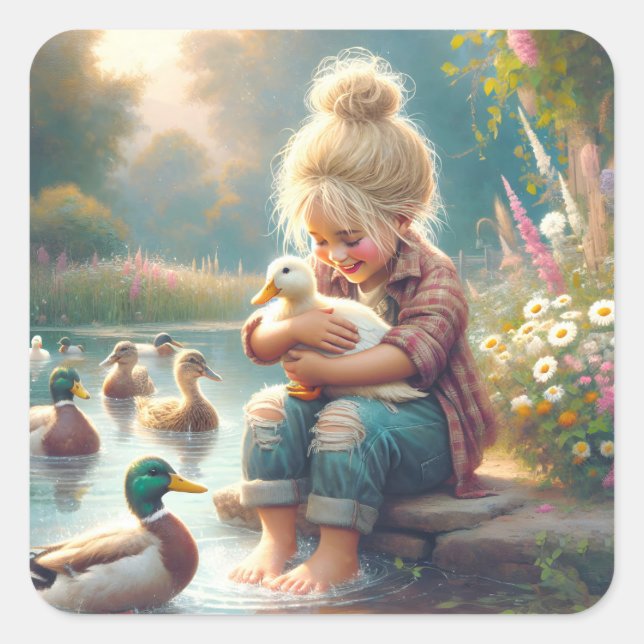 Little Girl With Ducks  Square Sticker (Front)