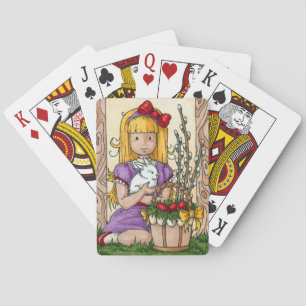 Little Girl with Easter Bunny Playing Cards