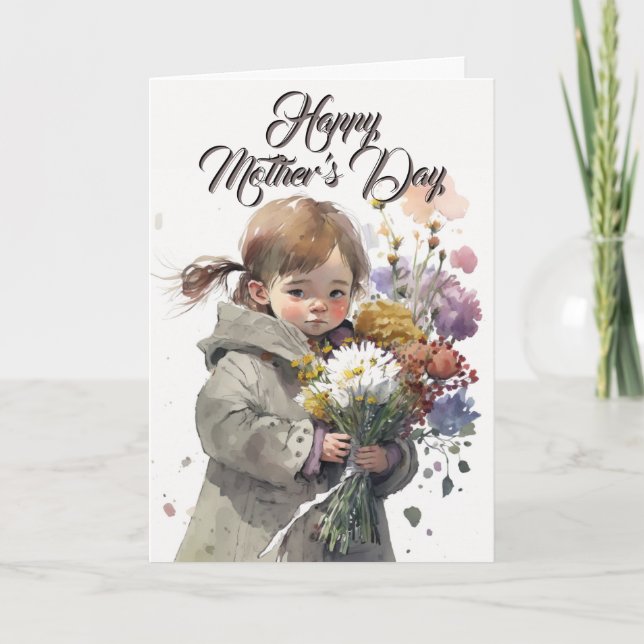 Little Girl With Flower Bouquet, Mothers Day Card (Front)