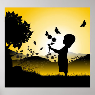 Little girl with flowers silhouette poster