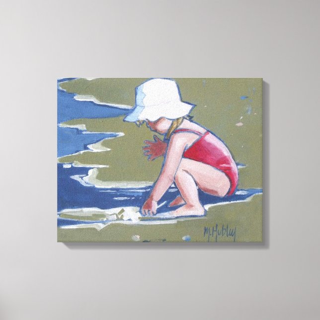 Little girl with hat on beach with waves canvas print (Front)