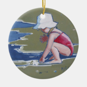 Little girl with hat on beach with waves ceramic tree decoration