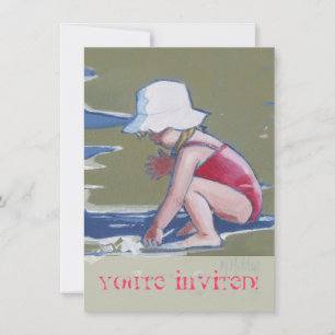 Little girl with hat on beach with waves invitation