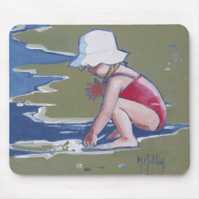 Little girl with hat on beach with waves mouse pad (Front)