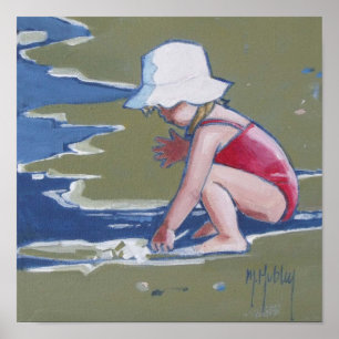 Little girl with hat on beach with waves poster