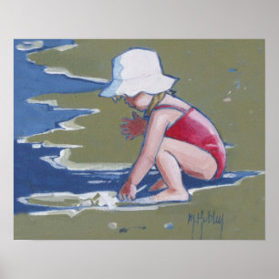 Little girl with hat on beach with waves poster