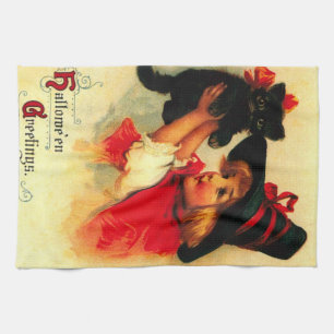 Little Girl With Her Black Cat Tea Towel