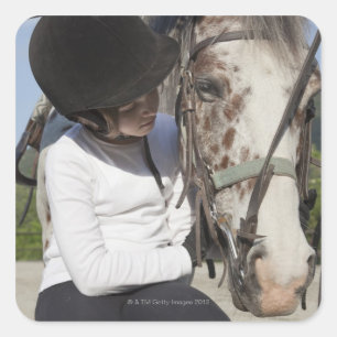 Little girl with her horse square sticker