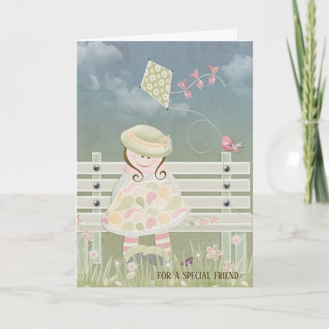 little girl with kite on bench for birthday card (Front)