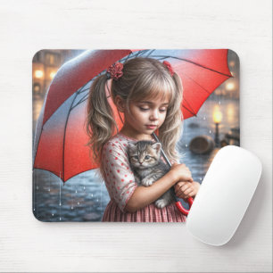 Little Girl With Kitten Under Umbrella Mouse Pad
