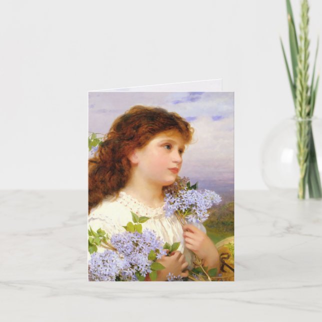 Little Girl with Lilac Bouquet Vintage Blank Card (Front)