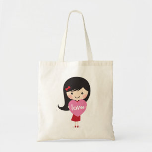 Little girl with love heart tote bag