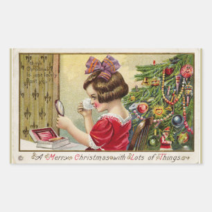Little Girl with Makeup Mirror Christmas Rectangular Sticker