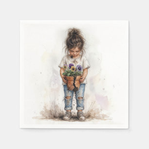 Little Girl with Pansies in Broken Pot Napkin