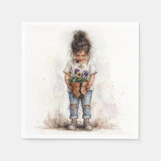 Little Girl with Pansies in Broken Pot Napkin