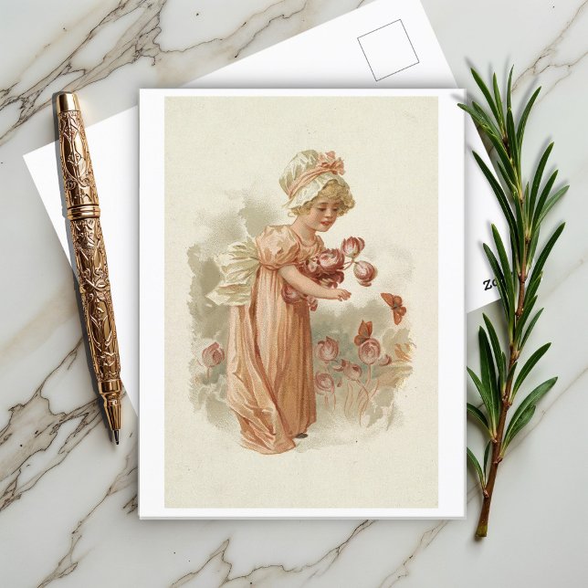 Little Girl with Pink Flowers and Butterflies Postcard (Creator Uploaded)